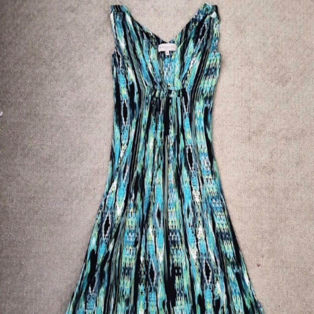 Philosophy Maxi Dress Sz Large Blue Green Belted Sleeveless V-Neck